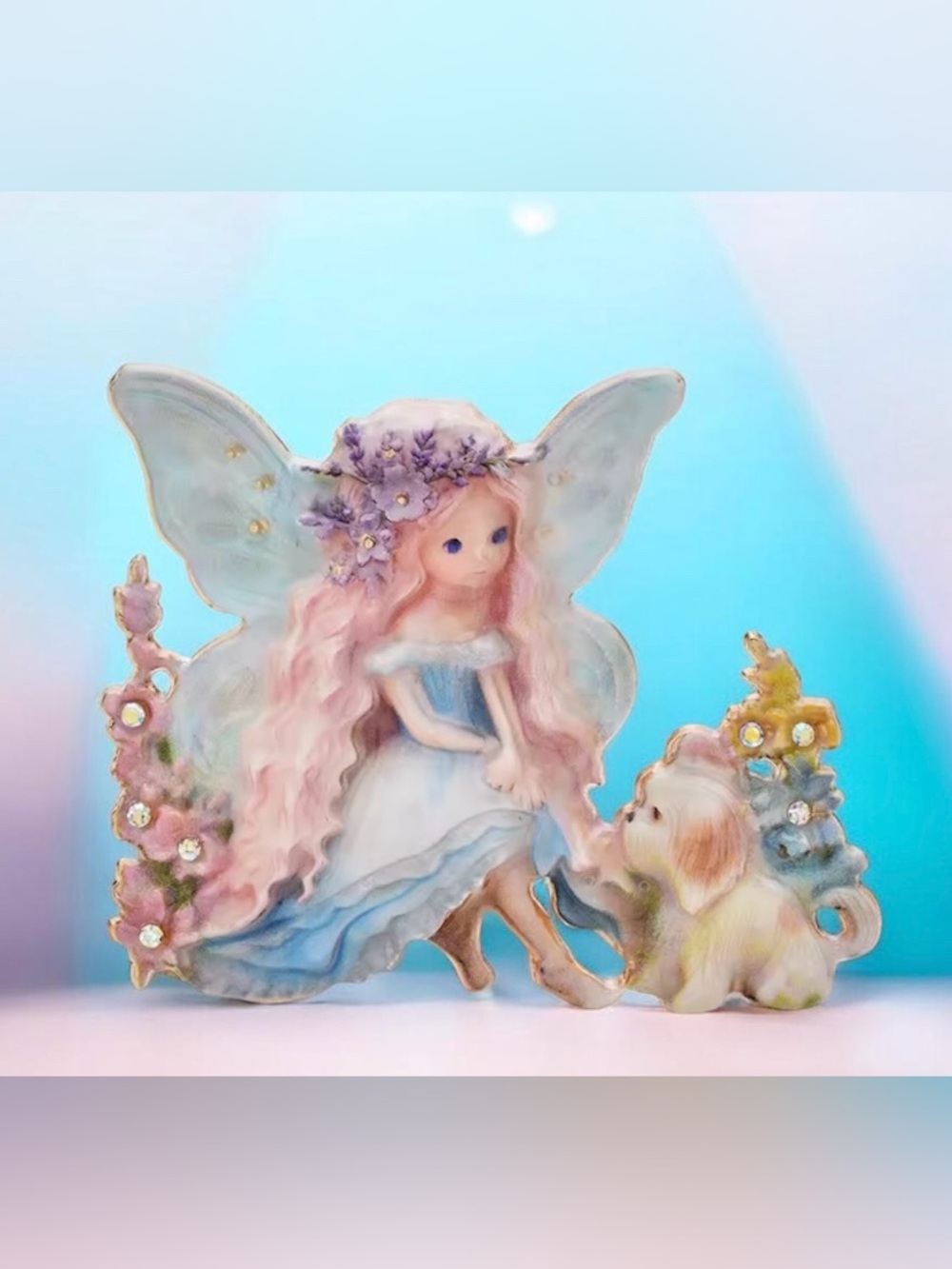 Pink-Haired Fairy Figurine with Puppy - Pastel Blue & Pink